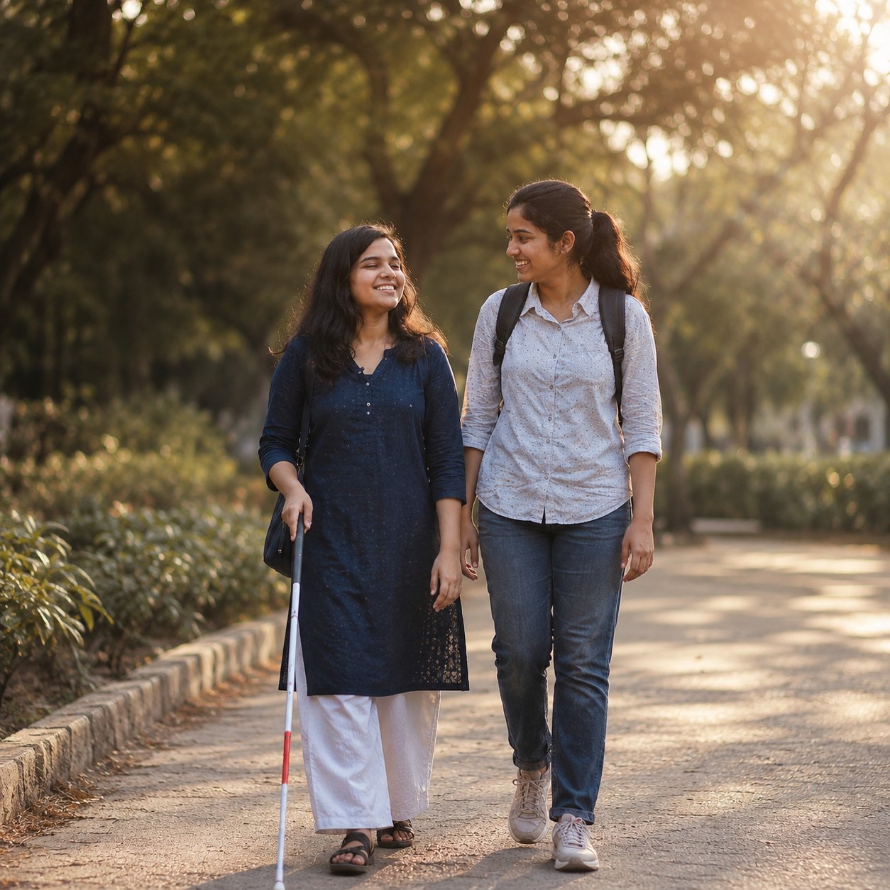 A young woman with a white cane walking confidently alongside a friend on a tree-lined path