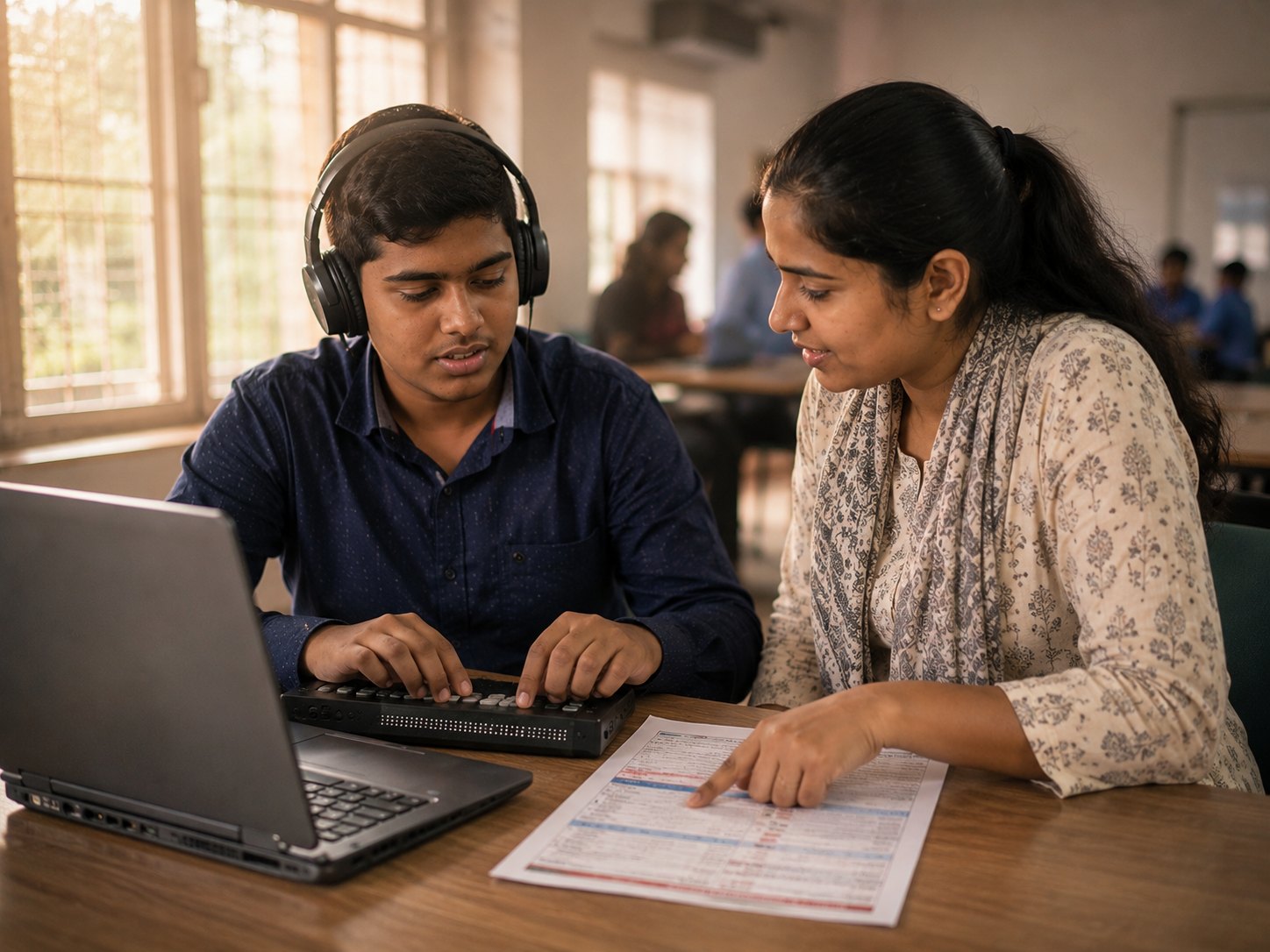 A volunteer and a student reviewing a document together at a table, both engaged in conversation