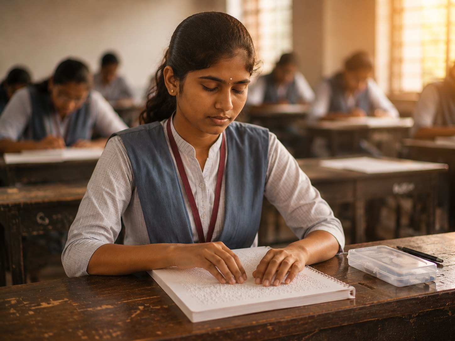 A blind student at an exam desk with a hand resting on a braille exam paper